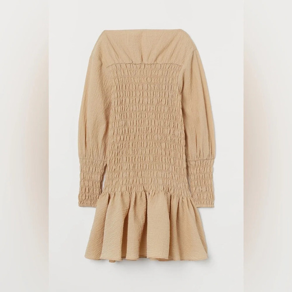 H&M Beige Boat Neck Woven Cotton smocked Conquette Dress Balloon Sleeve #1285 - Picture 1 of 9